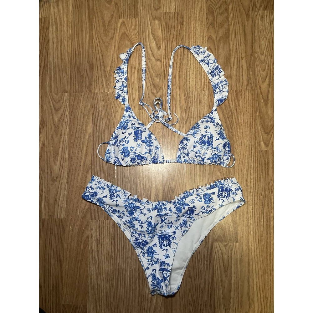 Women's 2 Piece Bikini Set Ruffle Floral Bathing Suit Wireless Tie Back Swimsuit